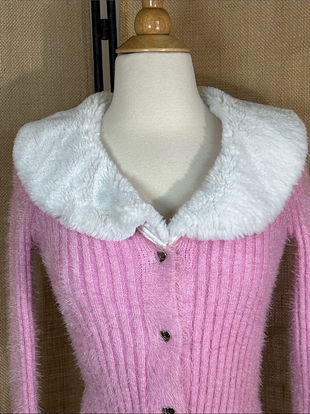 Baby Phat Sweater Cardigan Womens S Pink Faux Fur Collar Fuzzy Y2K Coquette - Picture 3 of 16